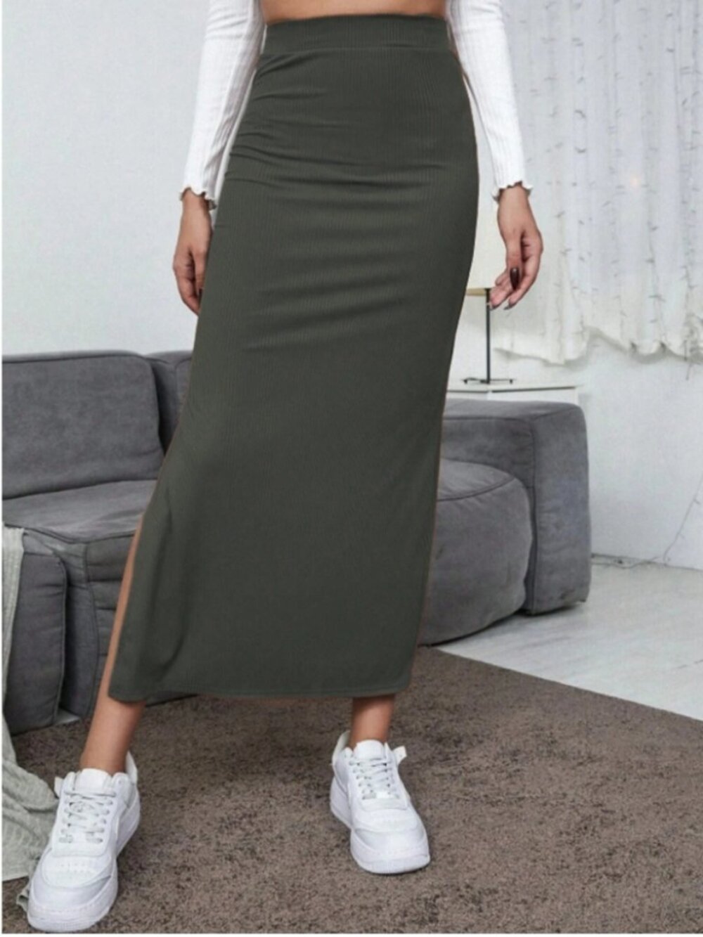 Army Green High Waist Slit Maxi Skirt | Size M | Bodycon Casual Skirt